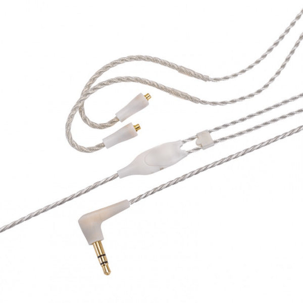 Close-up of earbud cables with gold connectors on a white background