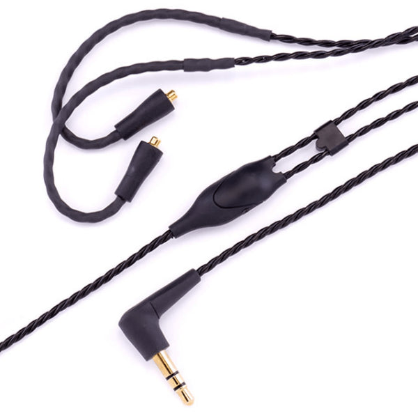 Black audio cable with gold connector on a white background