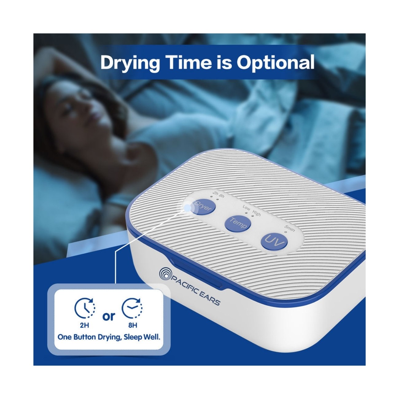 Portable device with control buttons on a blue background, featuring text about drying time options.