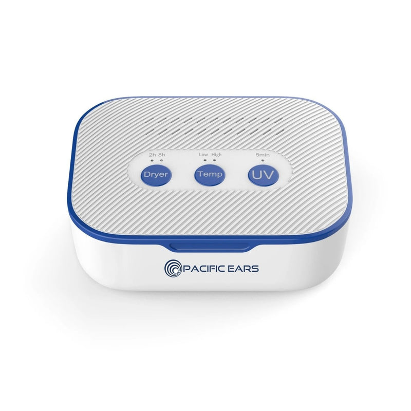 White and blue electronic SaniDry device with buttons labeled 'Dryer', 'Temp', and 'UV'