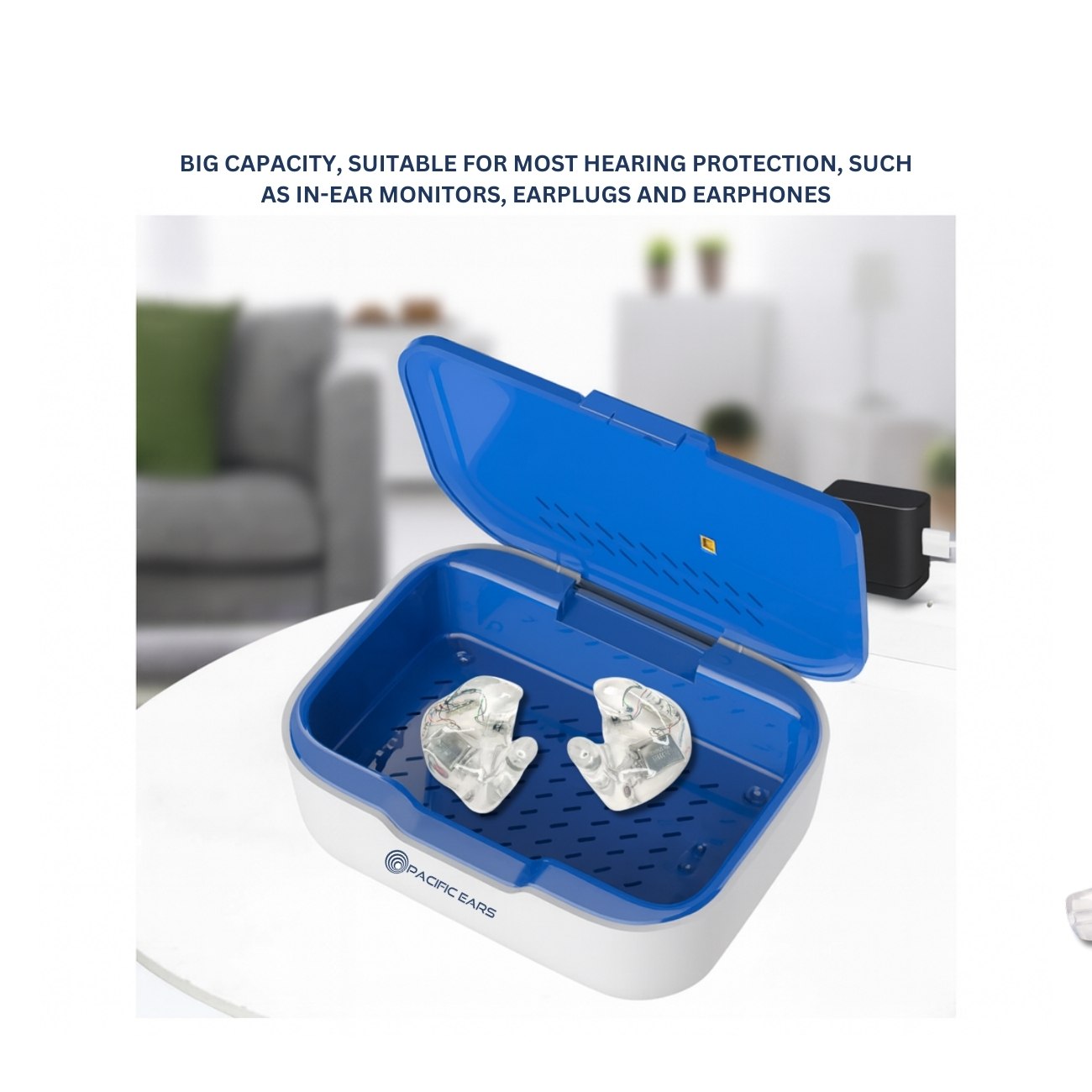 Blue and white Cleaning case with ear protection devices on a blurred background