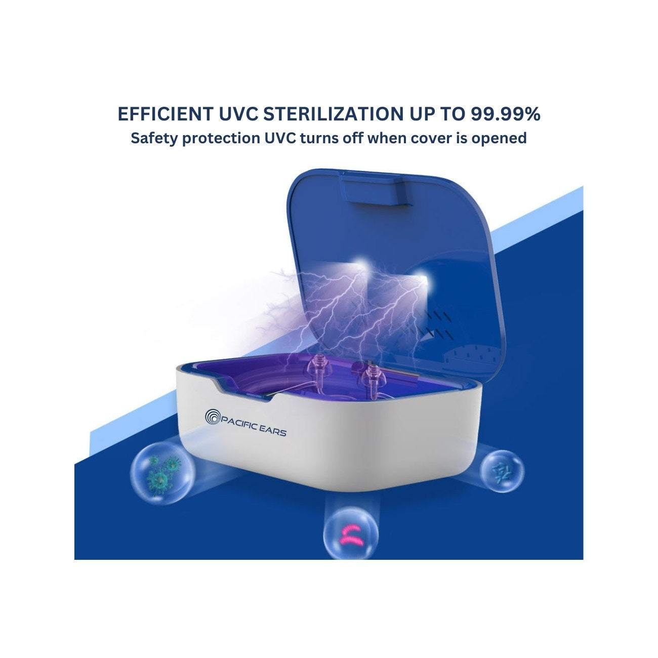 UVC sterilizer with Pacific Ears branding on a blue and white background