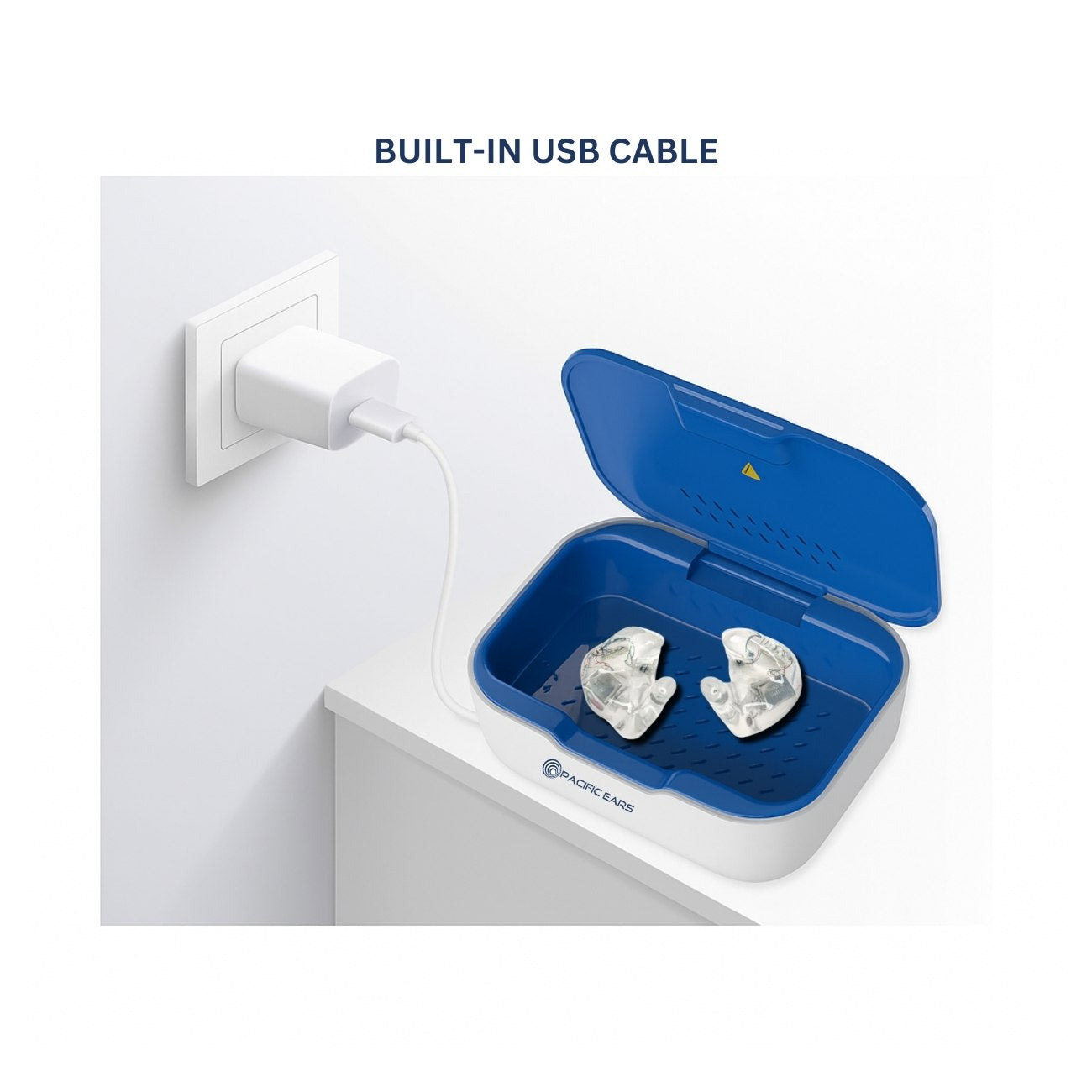 Blue and white Cleaning case with built-in USB cable on a white background