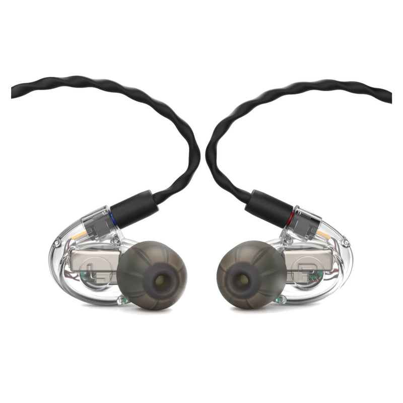 Pair of in-ear monitors with clear casings on a white background