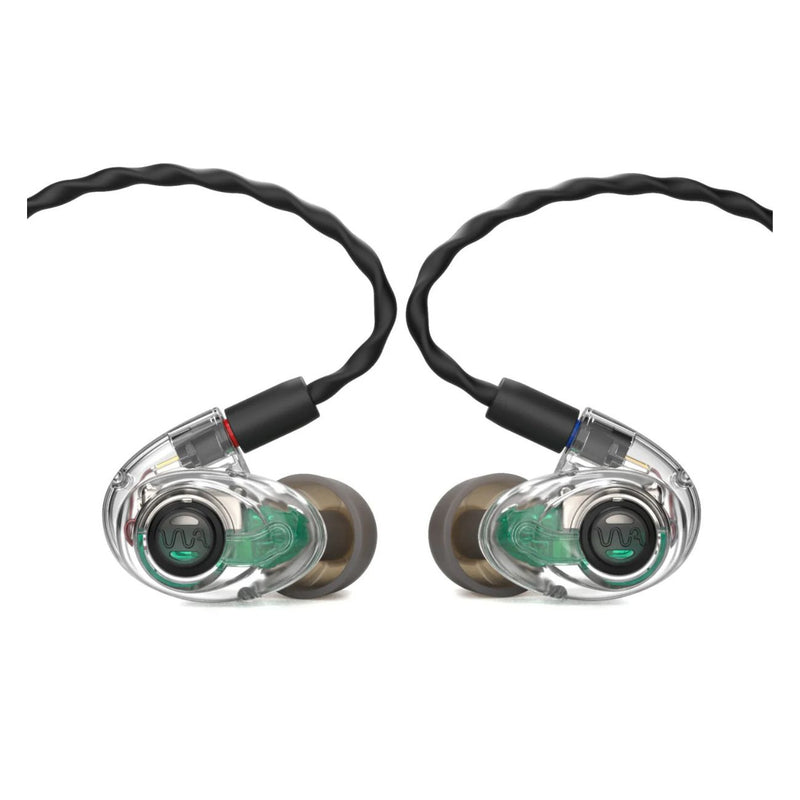 Pair of Westone Audio in-ear monitors with clear casings on a white background