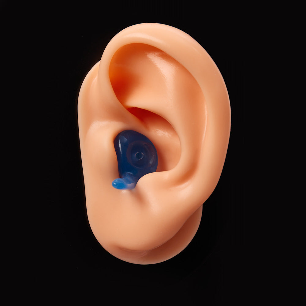 Pacific Ears Custom Ear Tips blue transparent silicone tip worn in ear
